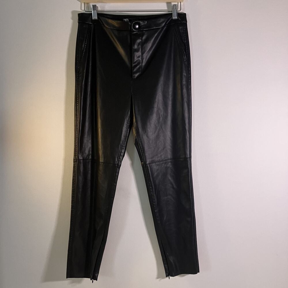Zara Pants‎ Womens Large Black Faux Leather Slim Fit Ankle Zip Moto Vegan Lined